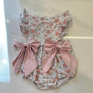 Stitchy Fish Floral Pink Bow Baby Romper - Girls